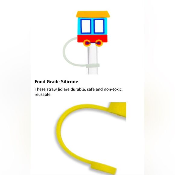 Colorful Train Themed Reusable Food Grade Silicone Straw Sleeve Caps 6pcs NIP - Picture 9 of 12